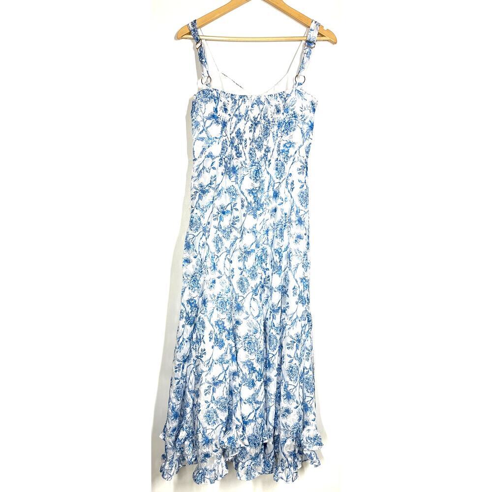 Hutch Sophie Dress Floral Print Sleeveless Ruffle Midi A-Line Blue & White L - Picture 3 of 6